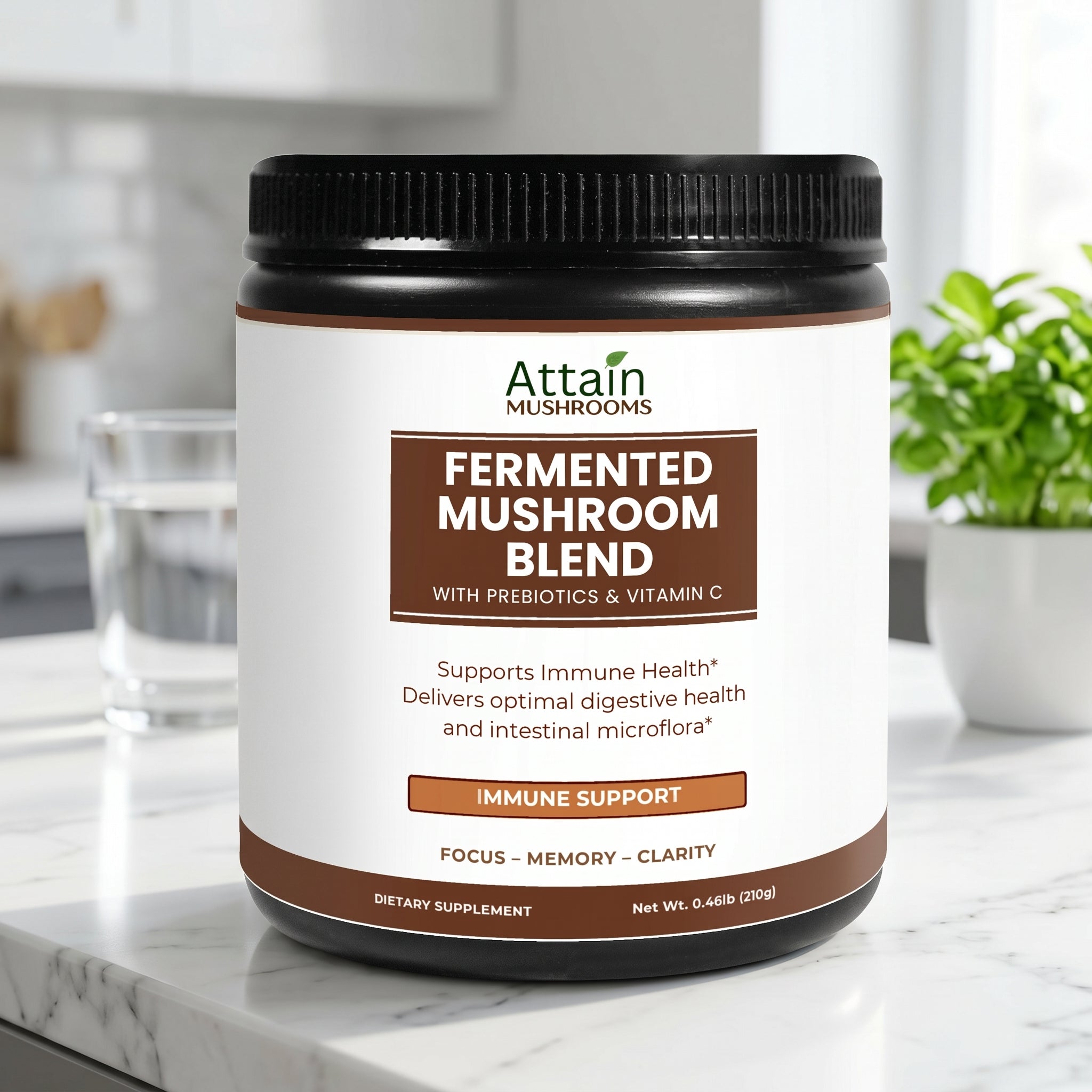 Attain Fermented Mushroom Blend on a bright kitchen counter | Attain Supplements