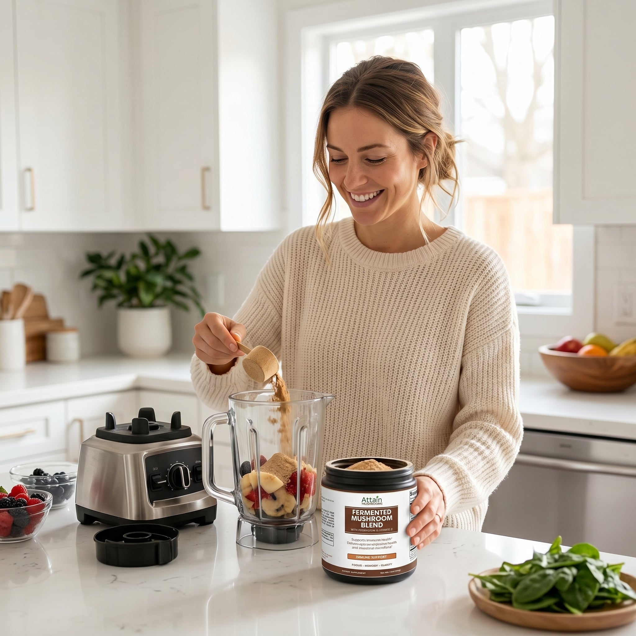 Woman scooping Attain Fermented Mushroom Blend into a smoothie blender | Attain Supplements