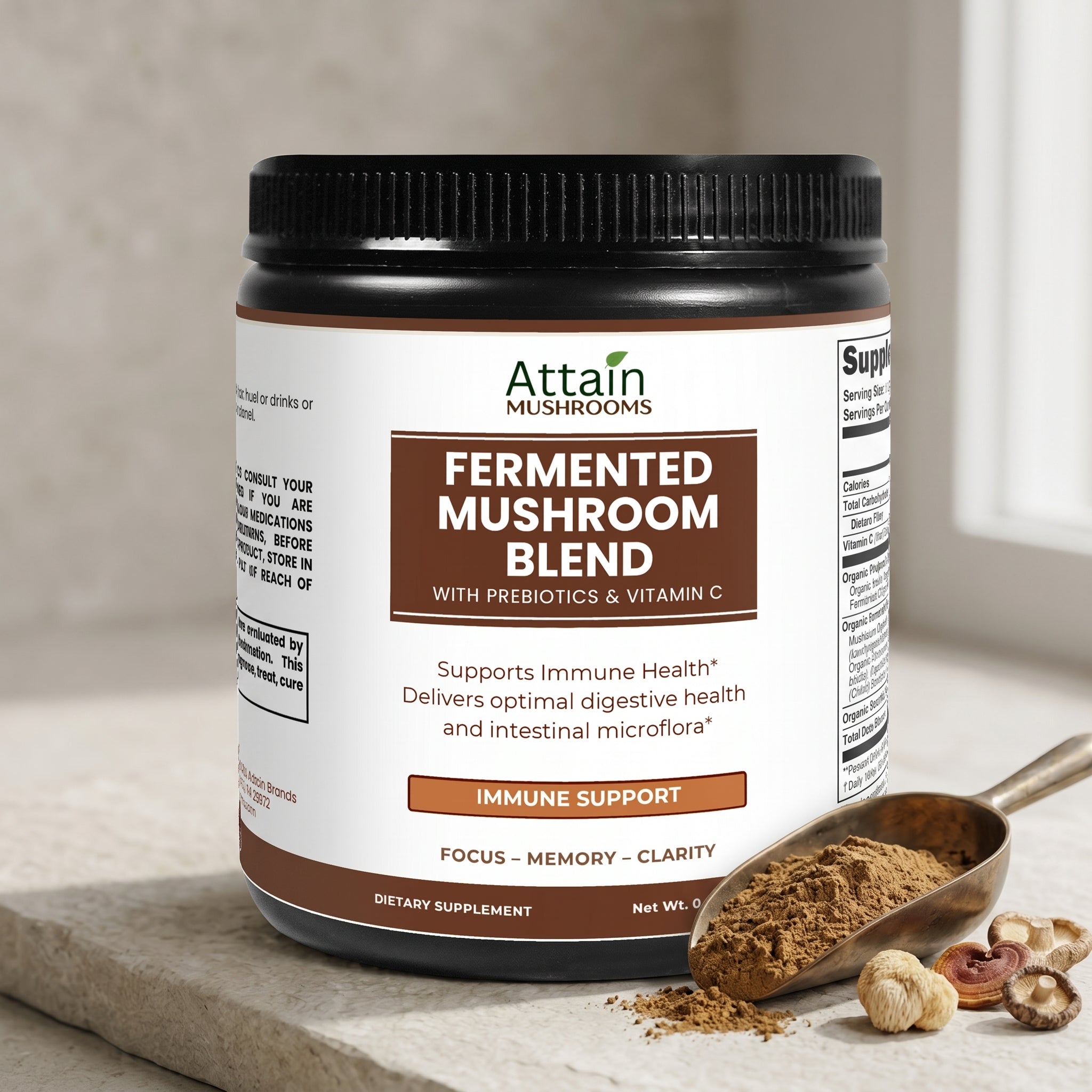 Attain Fermented Mushroom Blend powder and scoop with dried mushrooms | Attain Supplements