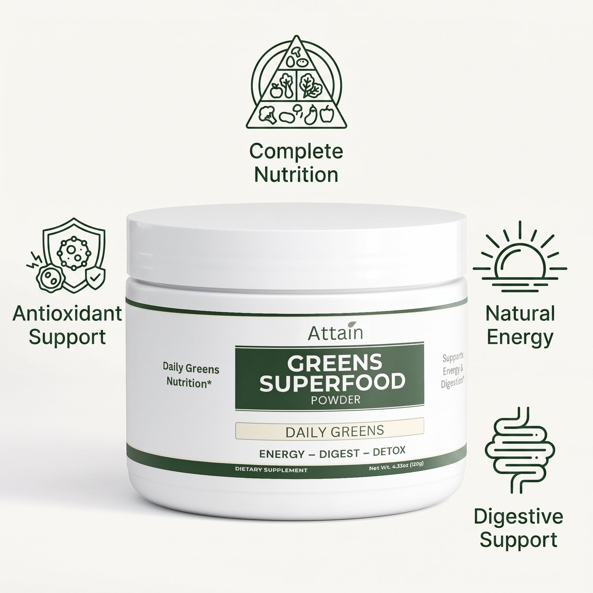 Attain Greens Superfood Powder benefits: complete nutrition, natural energy, digestive support, antioxidant support | Attain Supplements