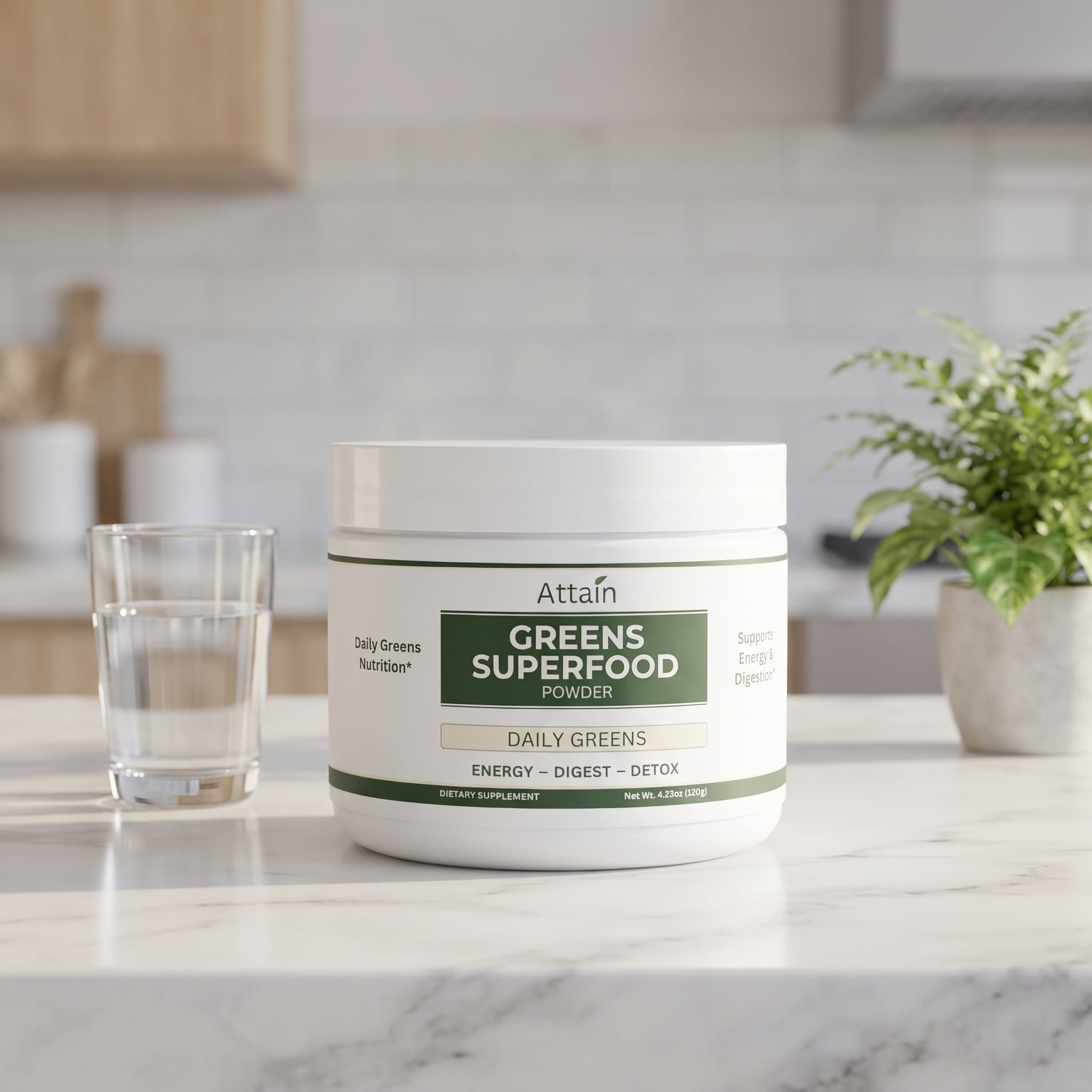 Attain Greens Superfood Powder on a bright kitchen counter | Attain Supplements