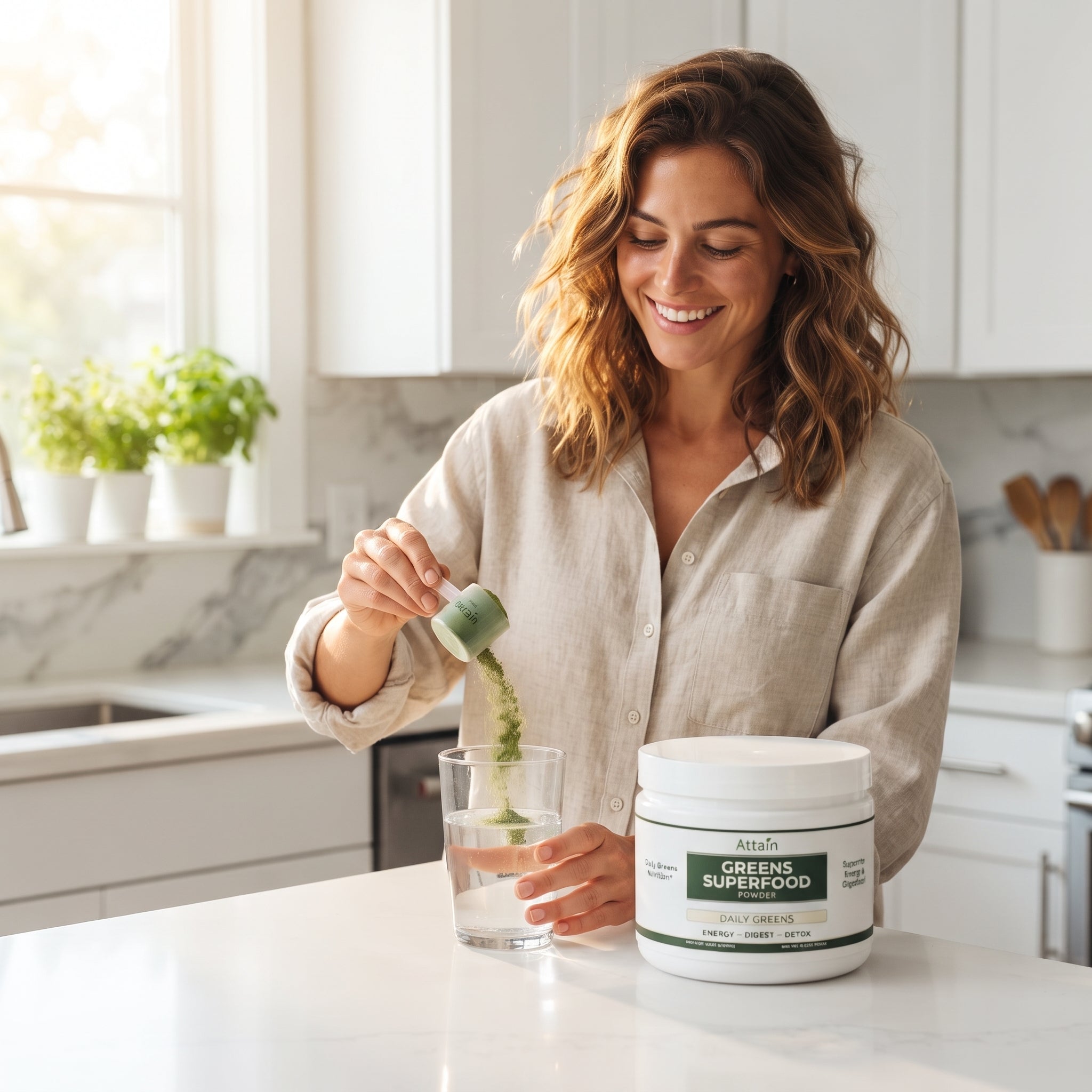 Woman scooping Attain Greens Superfood Powder into a drink | Attain Supplements