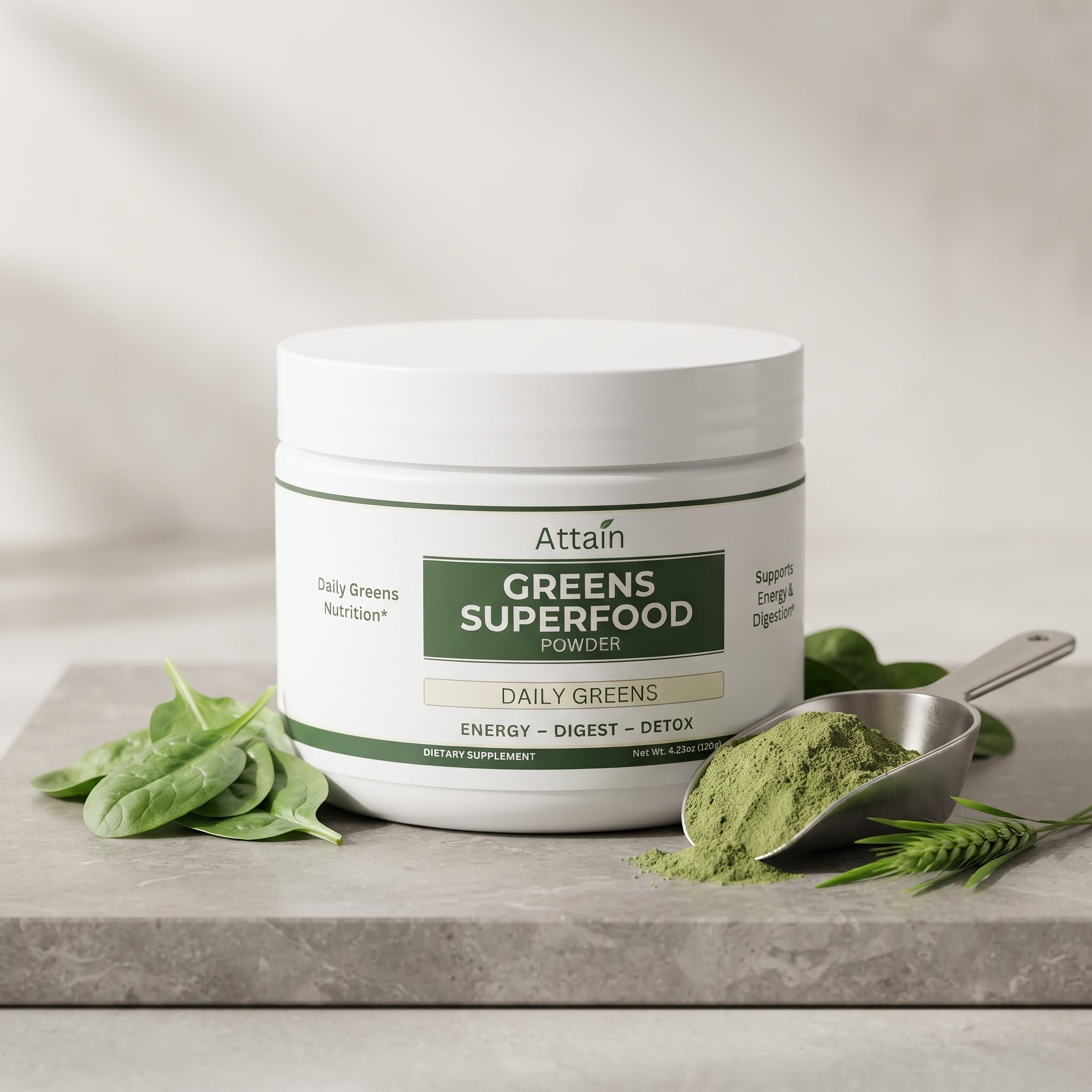 Attain Greens Superfood Powder and scoop with fresh greens | Attain Supplements