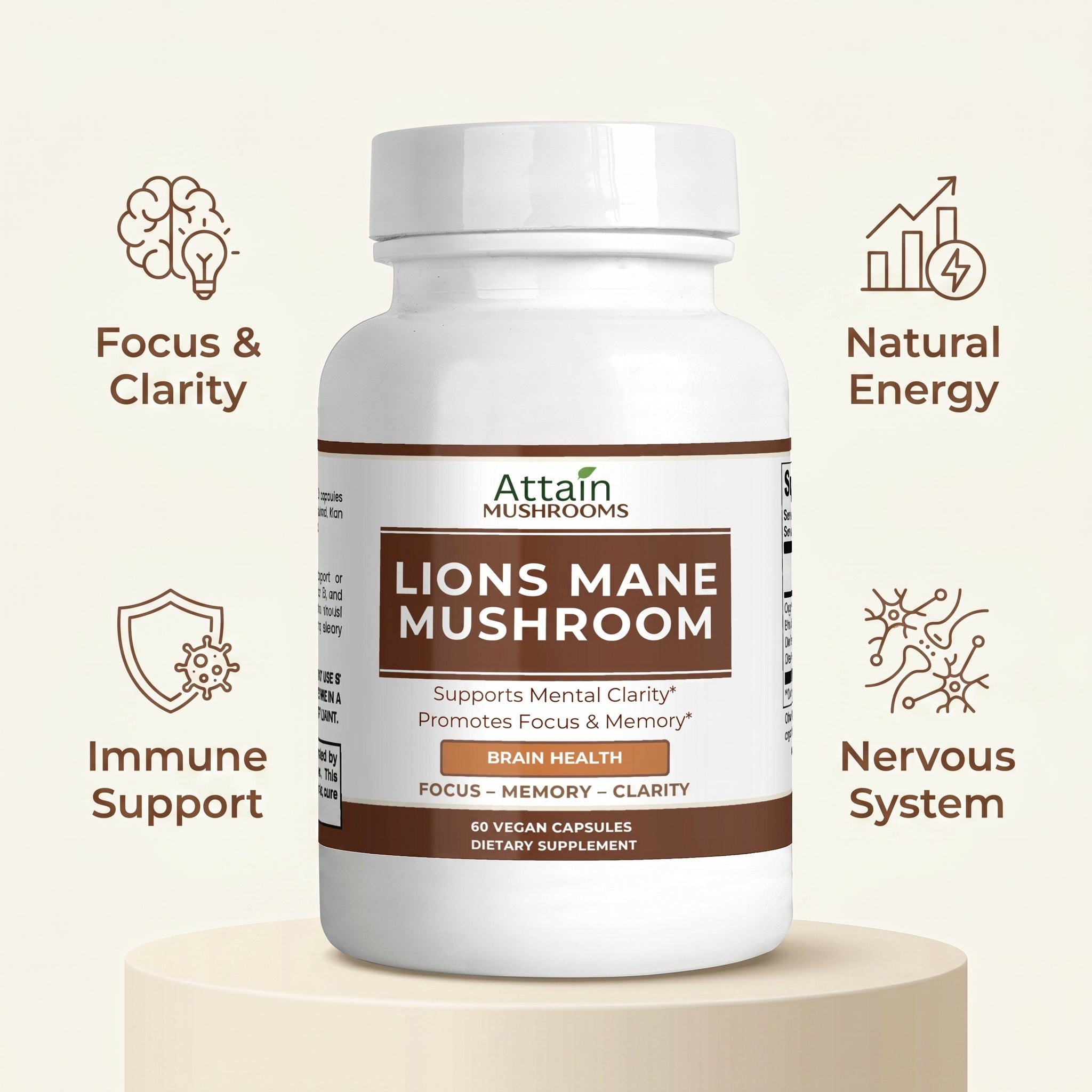 Attain Lion's Mane Mushroom benefits: focus and clarity, natural energy, immune support, nervous system | Attain Supplements