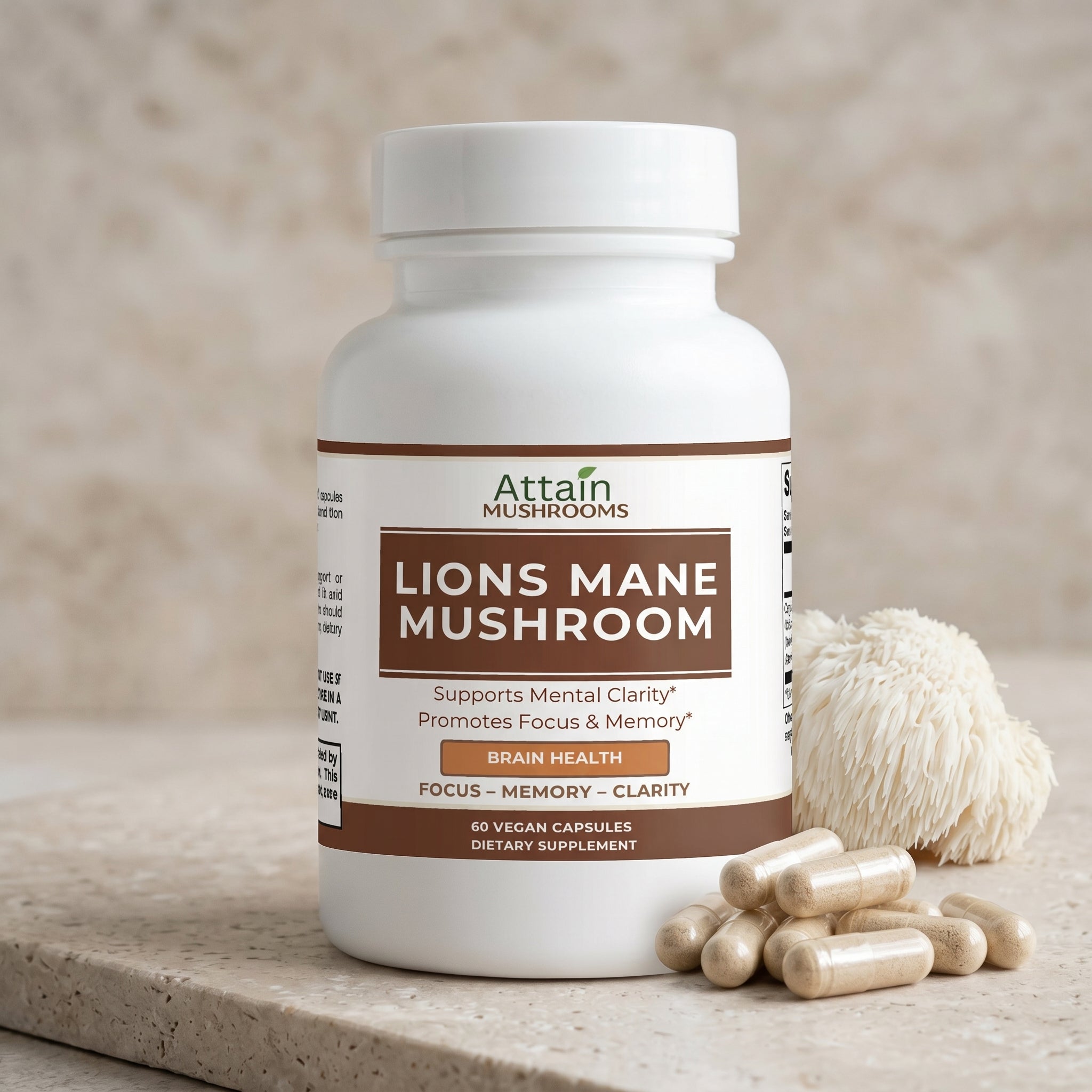 Attain Lion's Mane Mushroom vegan capsules and mushroom beside the bottle | Attain Supplements