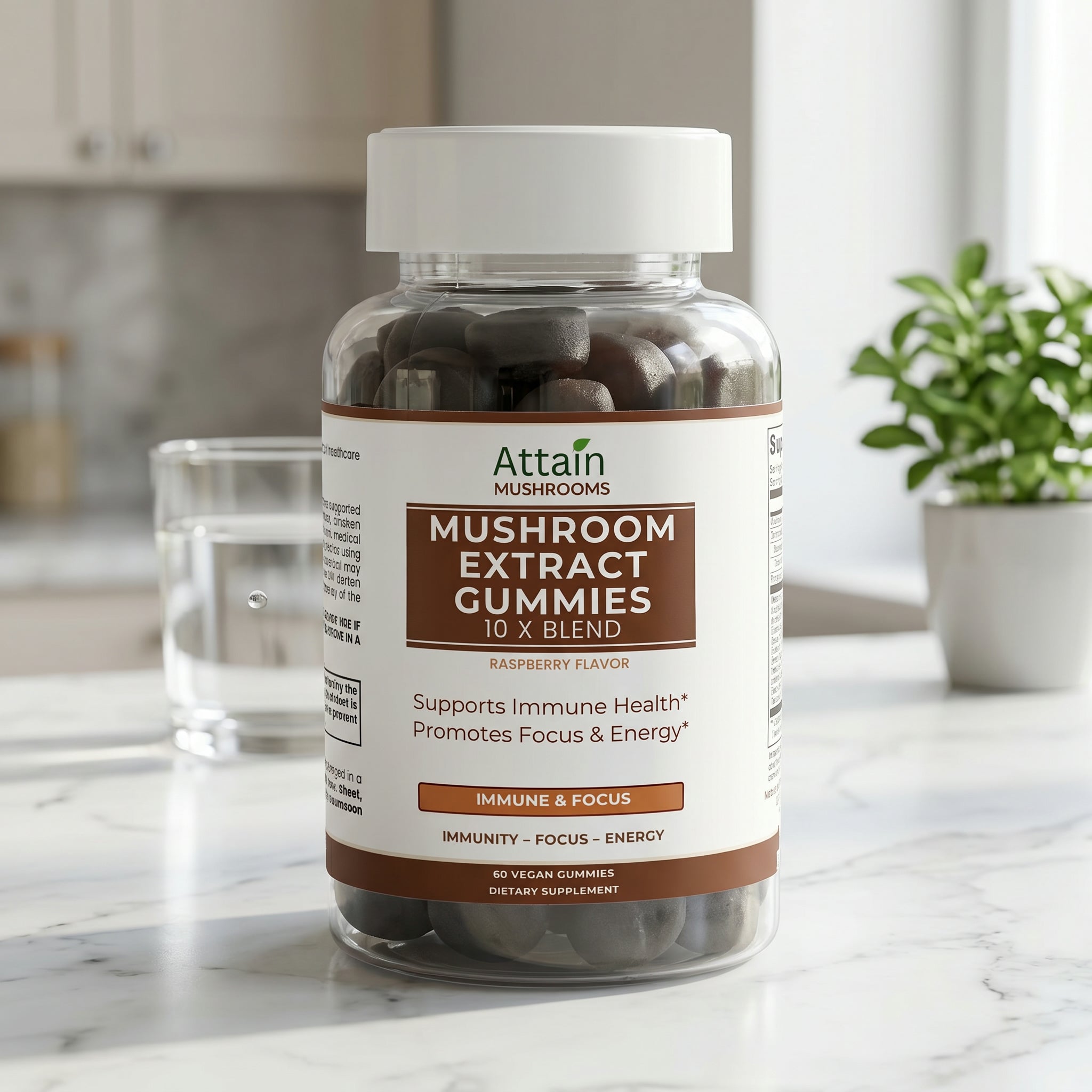 Attain Mushroom Extract Gummies on a bright kitchen counter | Attain Supplements