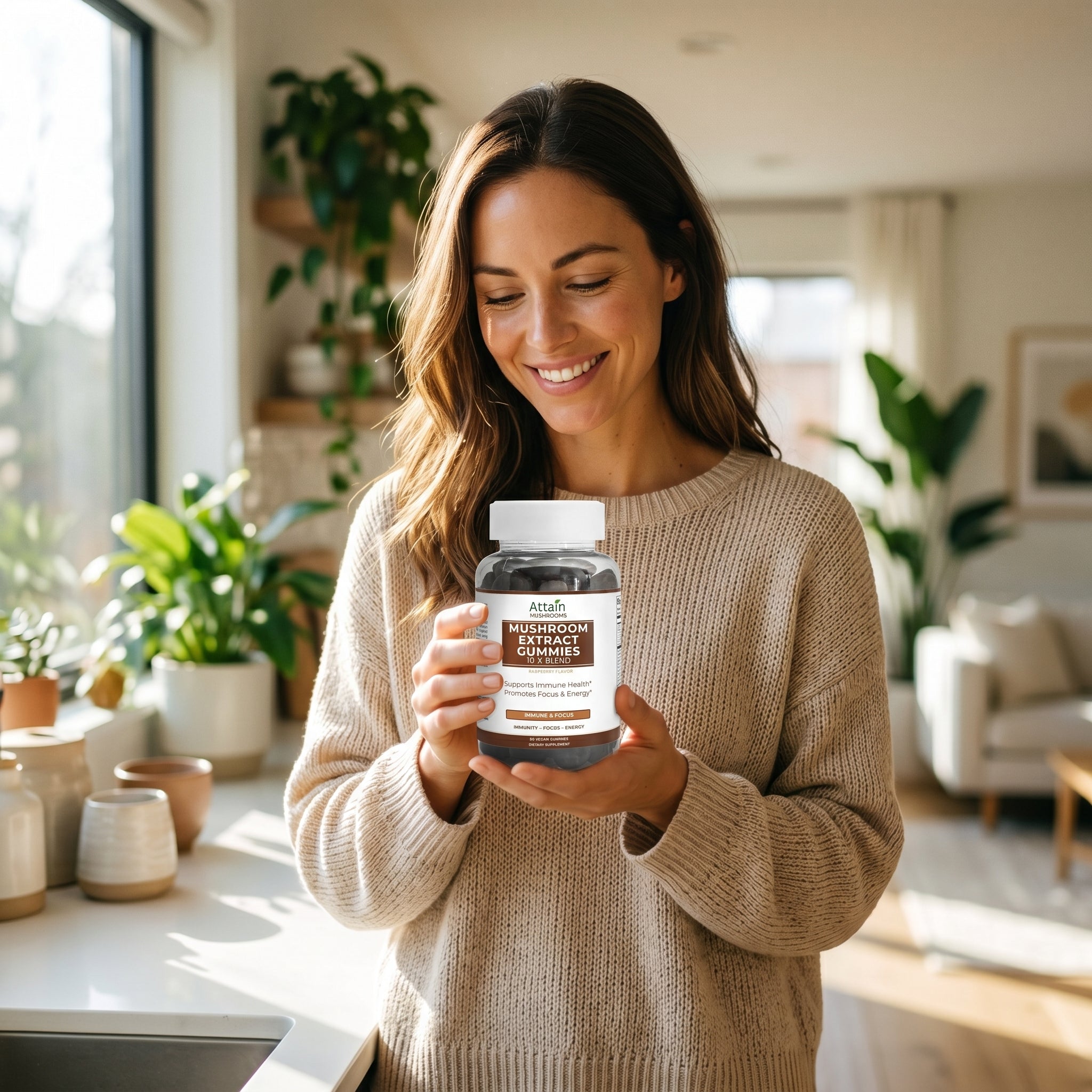 Person holding Attain Mushroom Extract Gummies in a bright home | Attain Supplements