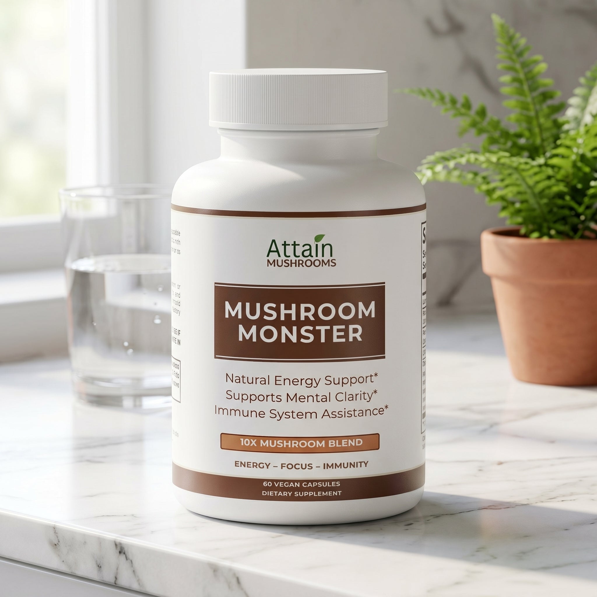 Attain Mushroom Monster 10X on a bright kitchen counter | Attain Supplements