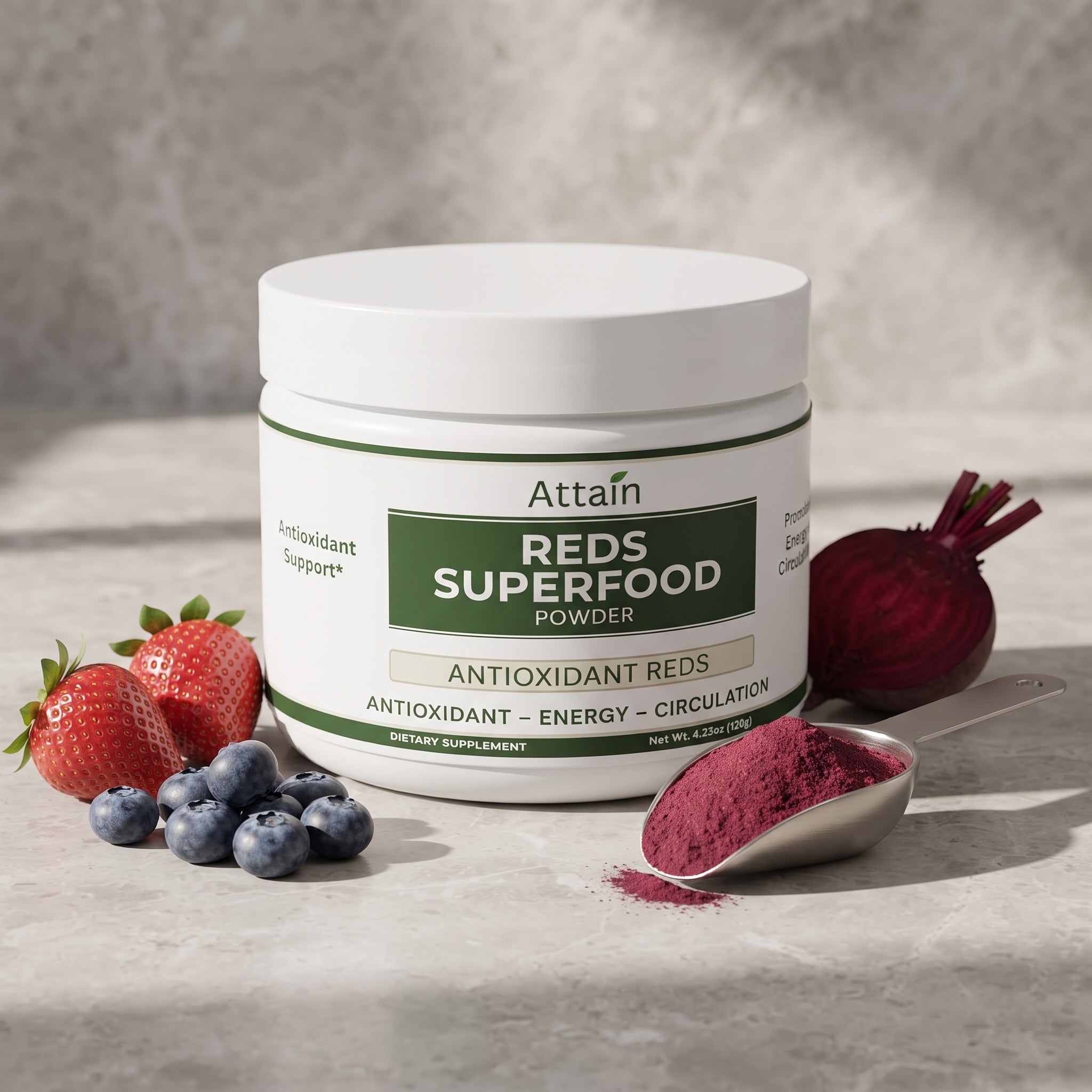 Attain Reds Superfood Powder and scoop with berries and beet | Attain Supplements