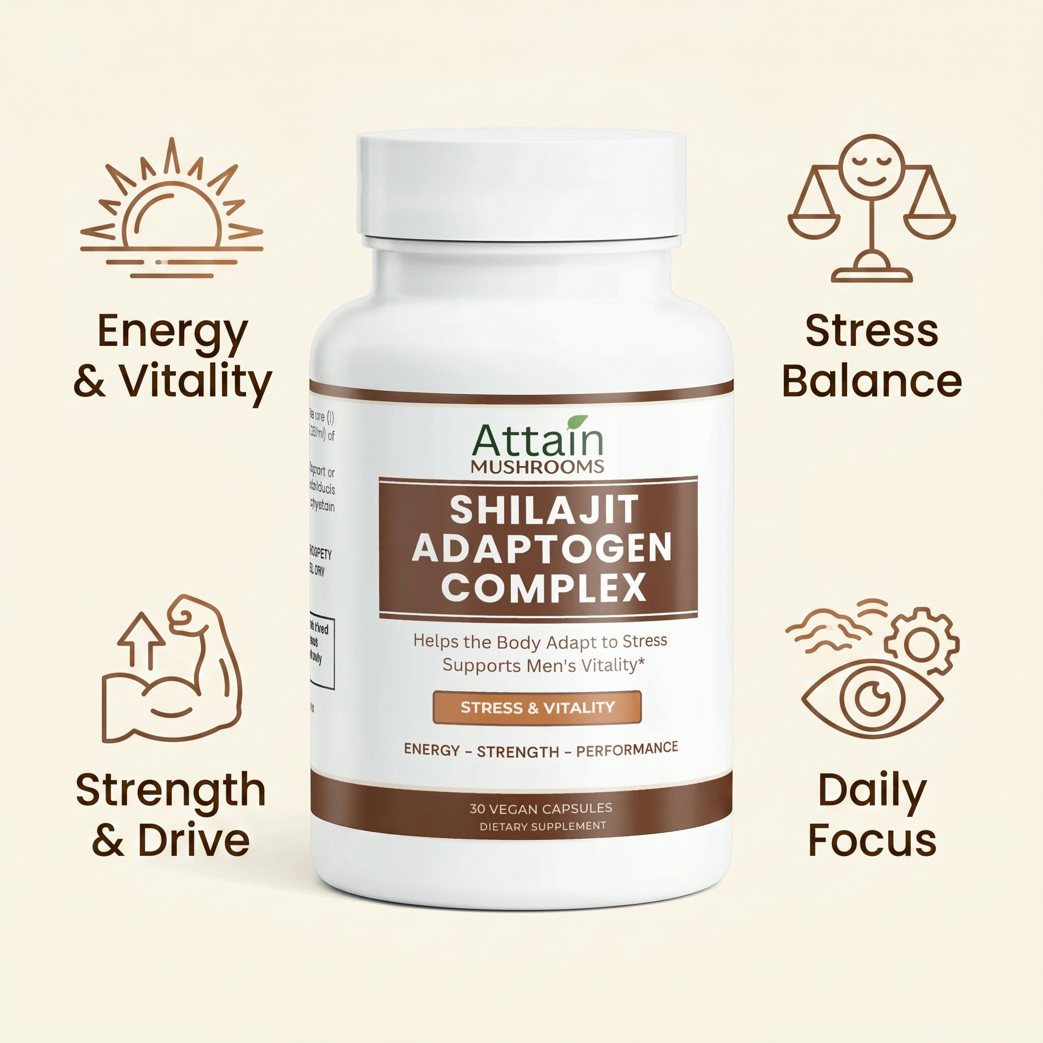 Attain Shilajit Adaptogen Complex benefits: energy and vitality, stress balance, strength and drive, daily focus | Attain Supplements