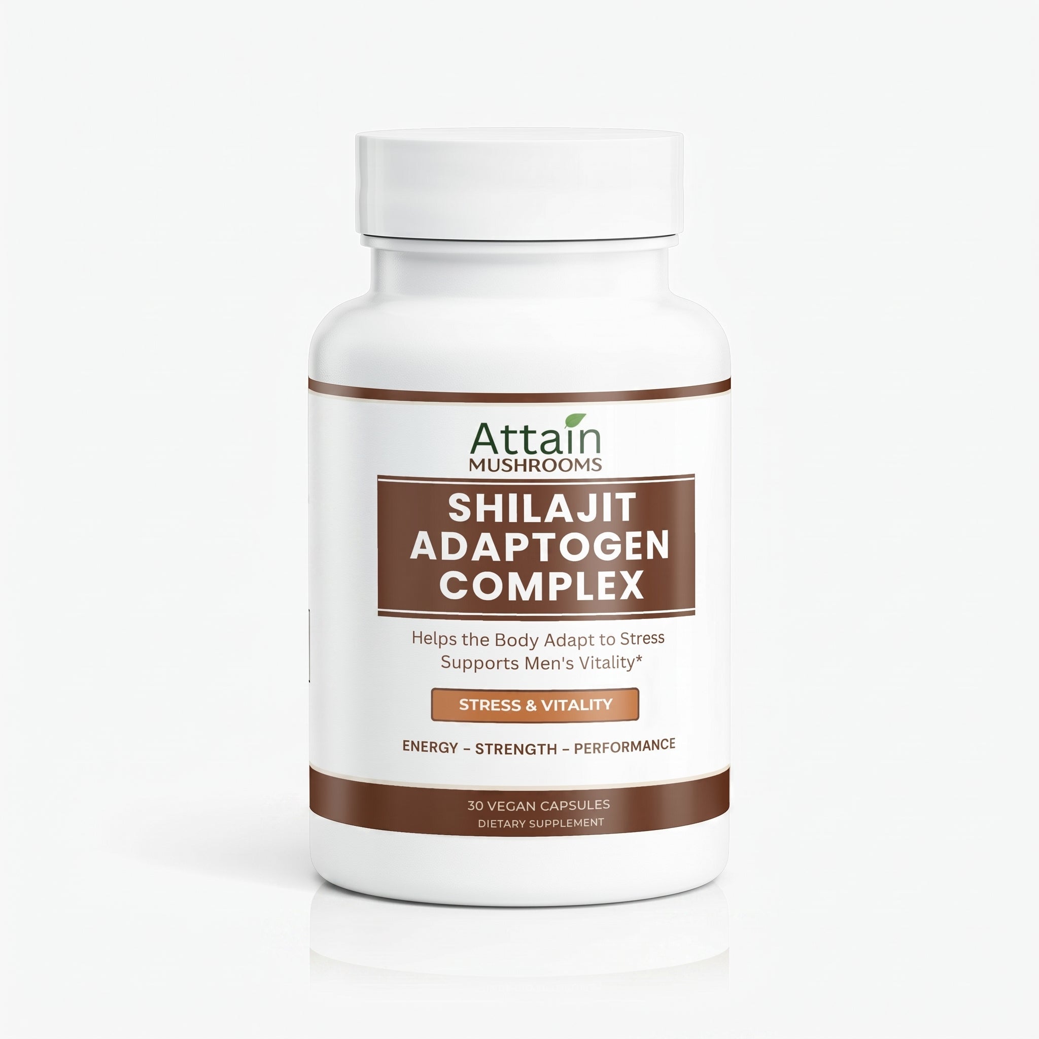 Attain Shilajit Adaptogen Complex capsules bottle front on white | Attain Supplements