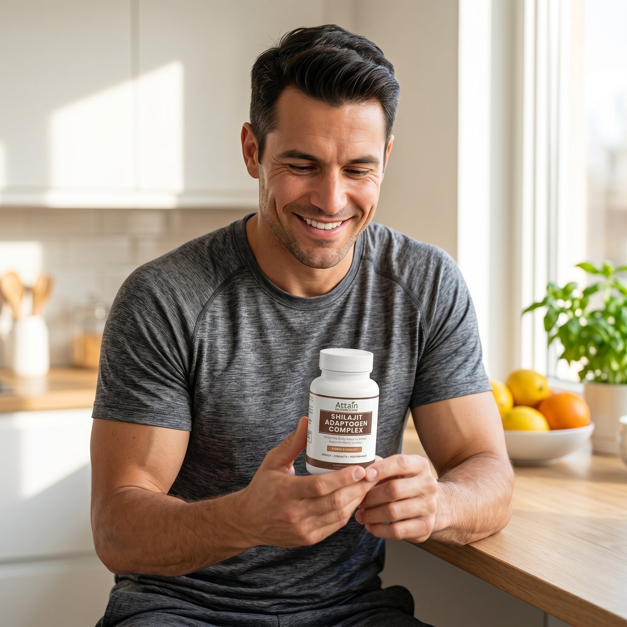 Man holding Attain Shilajit Adaptogen Complex capsules in a kitchen | Attain Supplements